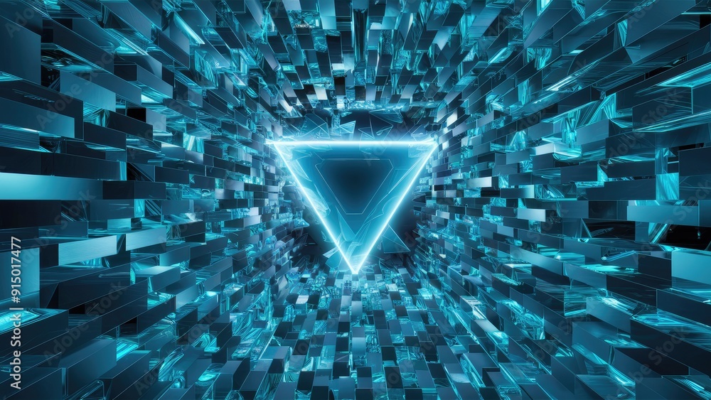Poster electric blue geometric background featuring liquid triangles mimicking macro photography of glass w
