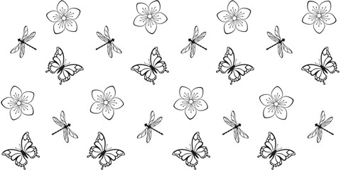 Black decorative butterflies, dragonflies and spring flowers on a white background. Summer endless texture. Vector seamless pattern for wrapping paper, giftwrap, website cover, surface texture, print