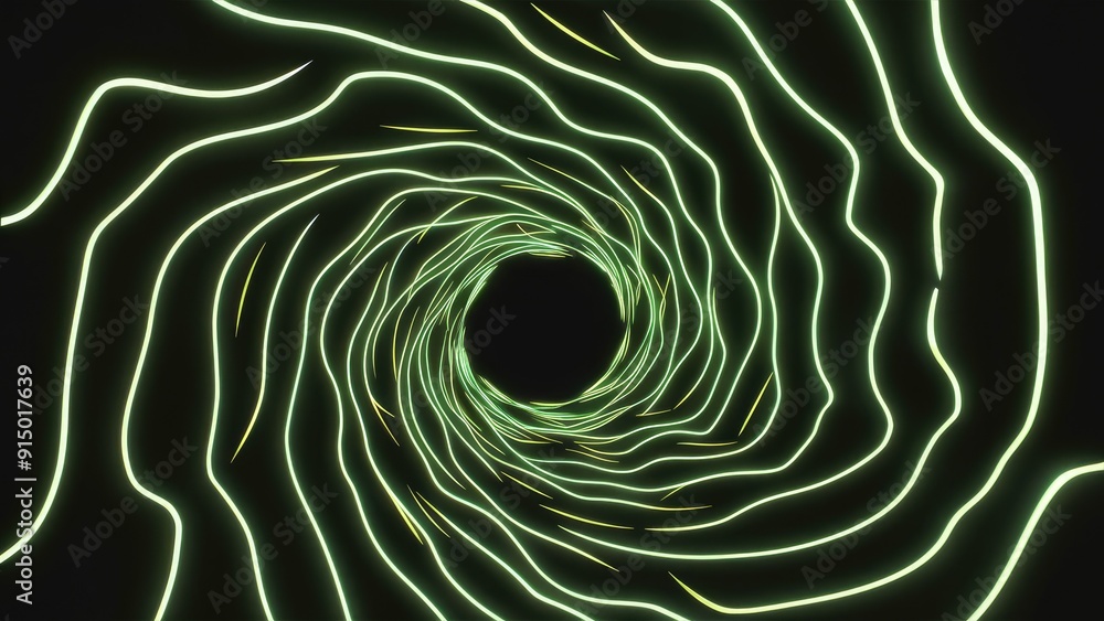 Poster 3d render of dynamic abstract vortex with wavy green neon lines against a black background featuring