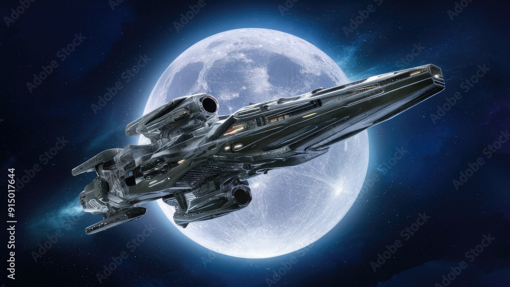 Poster futuristic 3d spaceship model with a celestial moon background