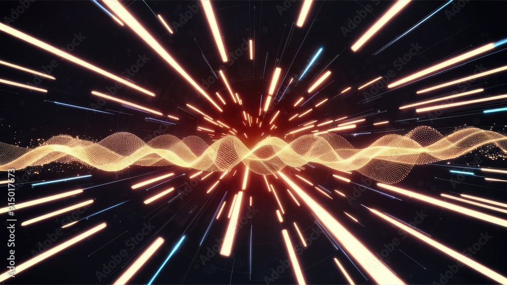 Poster Illuminated Abstract Background with Light Stripes and Glowing Waves from Particles and Energy Points in a Futuristic HiTech Style