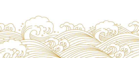 Japanese gold wave background vector. Wallpaper design with gold and white ocean wave pattern backdrop. Modern luxury oriental illustration for cover, banner, website, decor, border.