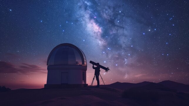 Silhouette of astronomer observing sky at ancient observatory with desert dunes in realistic photo