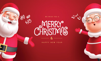 Merry christmas greeting card vector template design. Christmas santa claus and mrs claus characters in waving, singing and happy smiling for red background banner. Vector illustration holiday season  © AmazeinDesign
