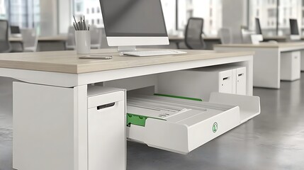 Modern white desk with a computer, featuring a sleek design and organized storage, ideal for a contemporary office environment.