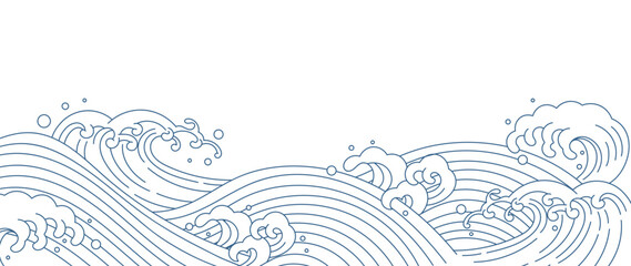 Japanese blue wave background vector. Wallpaper design with blue and white ocean wave pattern backdrop. Modern luxury oriental illustration for cover, banner, website, decor, border. © TWINS DESIGN STUDIO