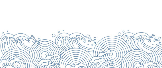 Japanese blue wave background vector. Wallpaper design with blue and white ocean wave pattern backdrop. Modern luxury oriental illustration for cover, banner, website, decor, border. © TWINS DESIGN STUDIO