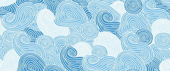 Japanese blue wave background vector. Wallpaper design with blue and white seamless ocean wave pattern backdrop. Modern luxury oriental illustration for cover, banner, website, decor, border.