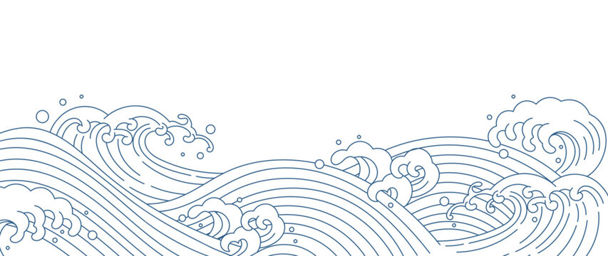 Japanese blue wave background vector. Wallpaper design with blue and white ocean wave pattern backdrop. Modern luxury oriental illustration for cover, banner, website, decor, border.