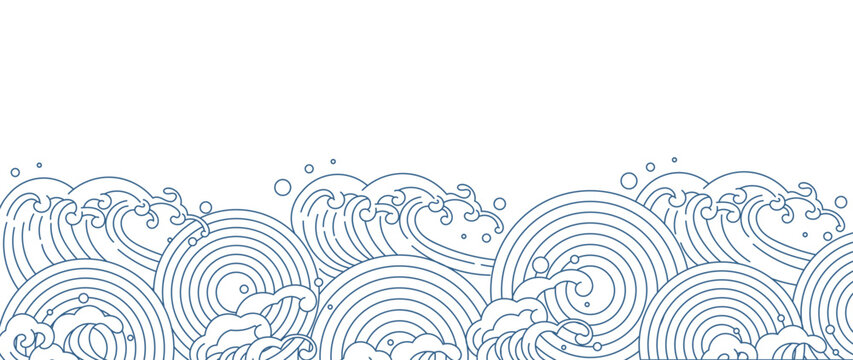 Japanese blue wave background vector. Wallpaper design with blue and white ocean wave pattern backdrop. Modern luxury oriental illustration for cover, banner, website, decor, border.
