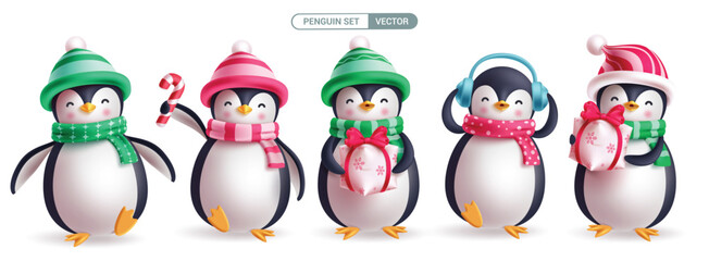 Christmas penguin characters vector set design. Penguin character cute mascot collection wearing hat, scarf, headphone and holding gift box elements isolated in white background. Vector illustration 