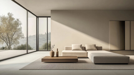 A serene and minimalist living room featuring large floor-to-ceiling windows that offer breathtaking panoramic views of nature