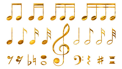 png golden music notes shiny and glowing on transparent background, isolated notas design element
