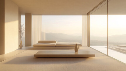 A serene and minimalist living room featuring large floor-to-ceiling windows that offer breathtaking panoramic views of nature