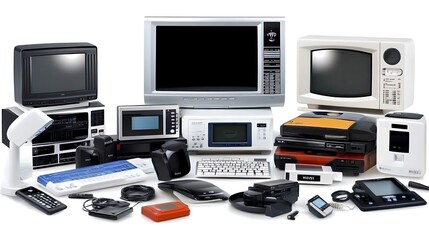 A collection of vintage electronics including TVs, audio devices, and peripherals, showcasing retro technology from the past decades.
