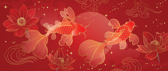 Luxury Chinese background vector. Chinese and Japanese wallpaper pattern design of elegant goldfish, lotus flower on red background. Design illustration for decoration, wall, banner, website, ads.