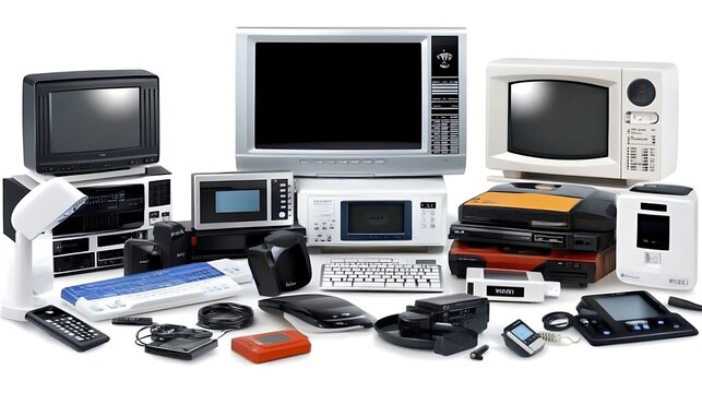 A collection of vintage electronics including TVs, audio devices, and peripherals, showcasing retro technology from the past decades.