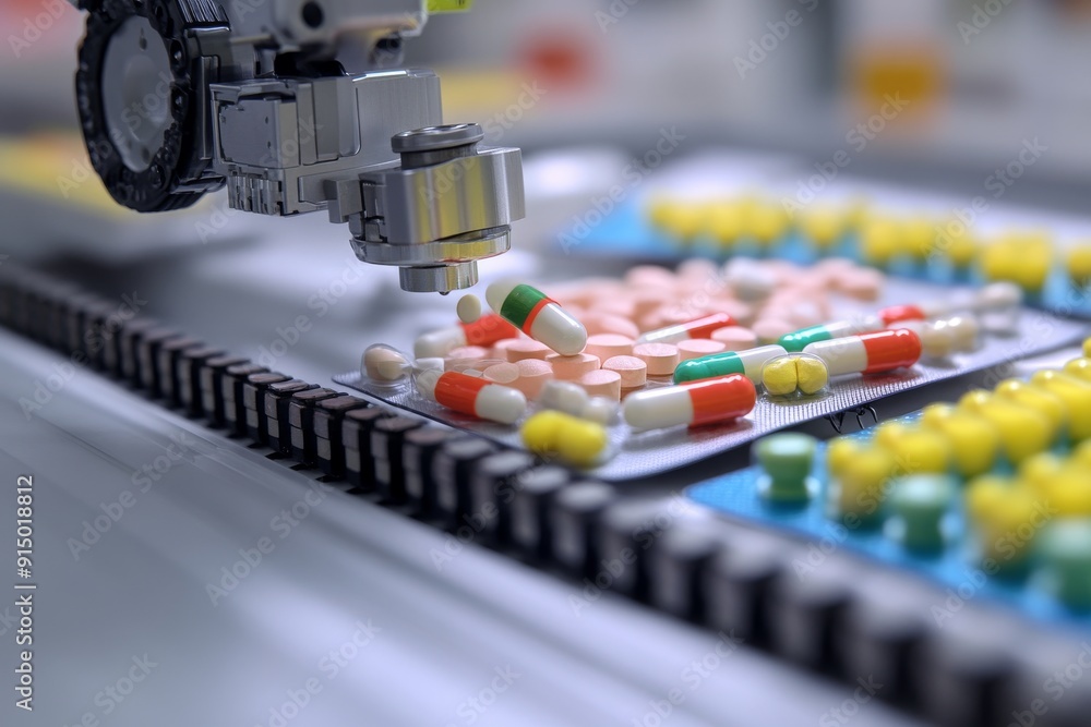 Poster Robotic arm on an assembly line sorting colorful pills symbolizing the automation and precision in pharmaceutical manufacturing captured in a detailed bright setting