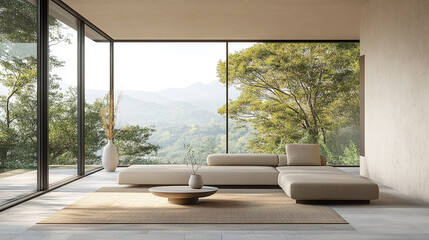 Fototapeta premium A serene and minimalist living room featuring large floor-to-ceiling windows that offer breathtaking panoramic views of nature