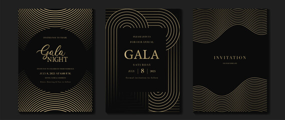Luxury invitation card background vector. Golden elegant wavy gold line pattern on black background. Premium design illustration for wedding, vip cover template, grand opening, flyer.