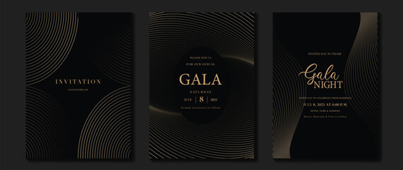Luxury invitation card background vector. Golden elegant wavy gold line pattern on black background. Premium design illustration for wedding, vip cover template, grand opening, flyer.