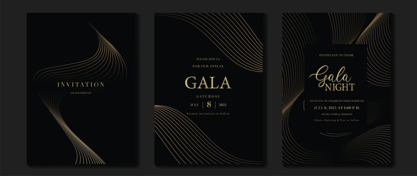 Luxury invitation card background vector. Golden elegant wavy gold line pattern on black background. Premium design illustration for wedding, vip cover template, grand opening, flyer.