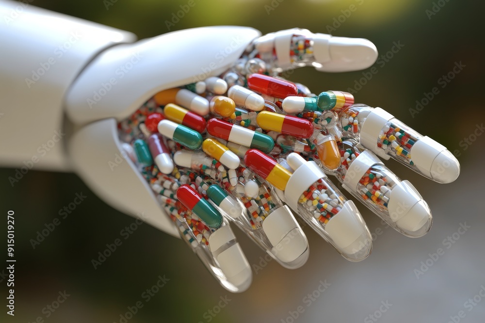 Poster robotic hand embedded with various colorful pills symbolizing the precision and control in modern ph