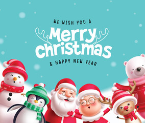 Merry christmas greeting card vector design. Christmas characters like santa, mrs claus, snowman, penguin, polar bear and reindeer for new year greeting card holiday background. Vector illustration 