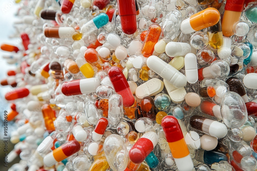 Aufkleber explosion of capsules in various colors and sizes symbolizing the overwhelming presence of pharmaceu