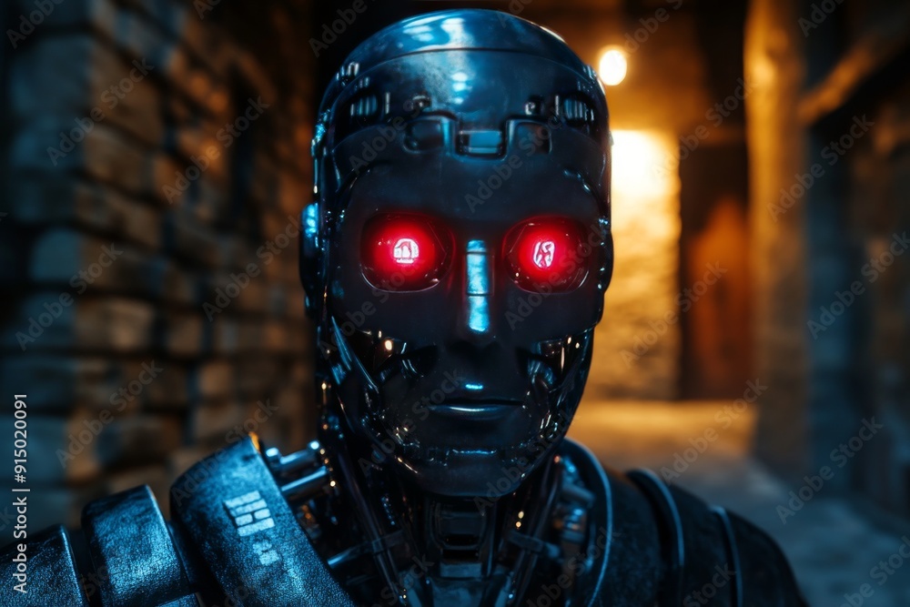 Poster cyborg with glowing red eyes in a dark industrial setting symbolizing the fusion of ai and human ele