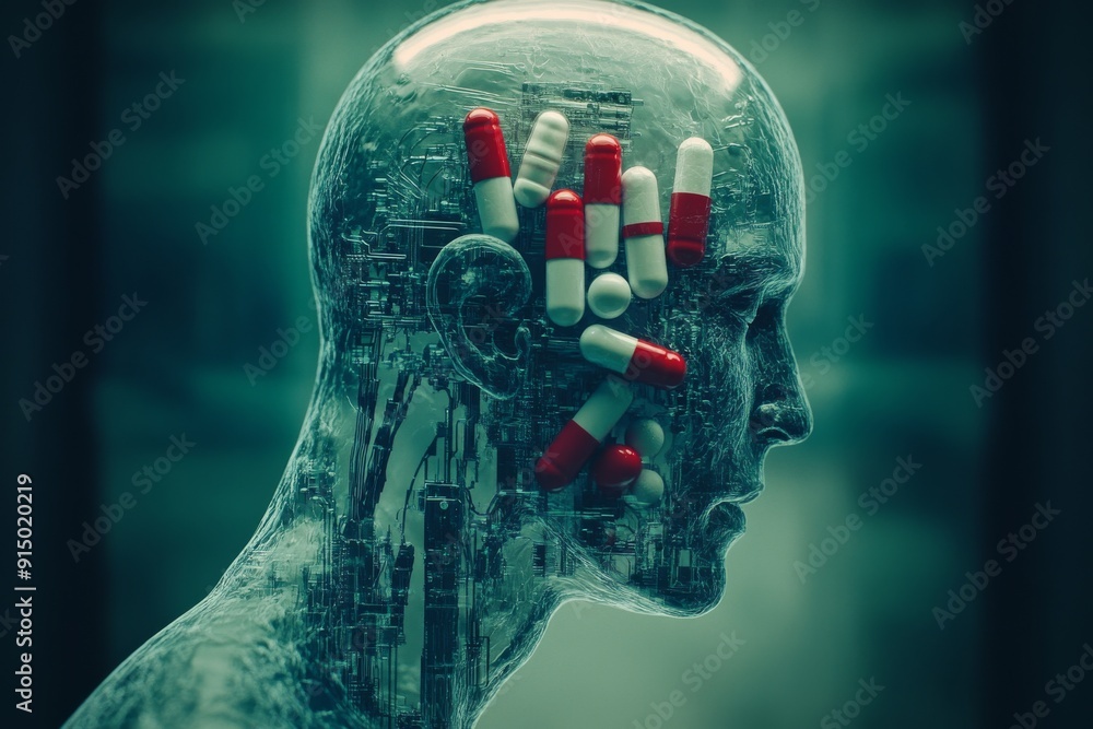 Poster transparent head filled with capsules symbolizing the intersection of technology and medicine in a f