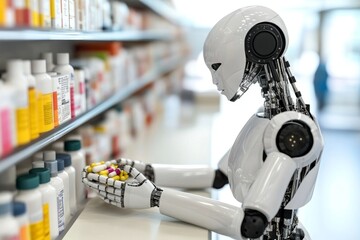 Fototapeta premium Robot selecting items from a pharmacy shelf symbolizing the integration of AI and consumer healthcare in a modern setting captured in a bright detailed environment