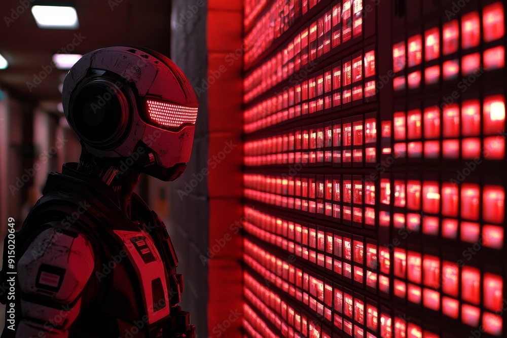 Poster robot standing in a high tech storage facility with rows of capsules symbolizing the future of pharm