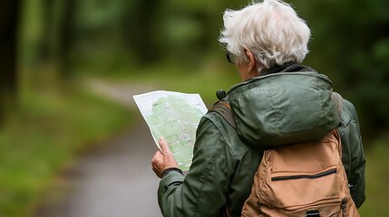 An elderly white woman, dressed in a green jacket, studies a map while hiking on a forest trail, showcasing her adventurous spirit in nature.
