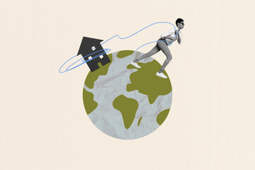 Creative collage picture young woman pull string house apartment relocation new accommodation planet globe earth moving abroad