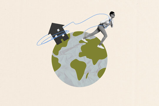 Creative collage picture young woman pull string house apartment relocation new accommodation planet globe earth moving abroad