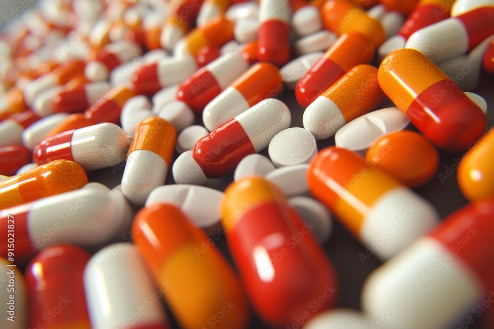 Poster close up of assorted red and white capsules symbolizing the diversity and complexity in modern medic