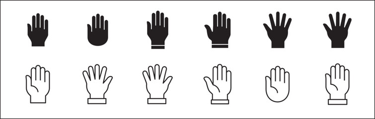 Palm hand icons. Hand icon. Hands symbol collection. Hands icon symbol of participate, volunteer, stop, vote. Vector stock graphic, flat style design illustration resource for UI and buttons.