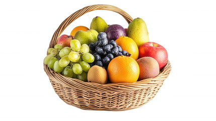 A vibrant assortment of fresh fruits in a woven basket, transparent background