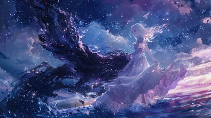 Fototapeta premium pixiv art, watercolors, a woman in white dress with white hair and white shoes gently cradling a black and purple unicorn, magical feeling, purple and teal accents