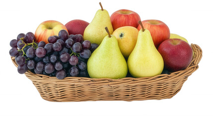 Fresh fruit basket filled with apples, pears, and grapes, transparent background