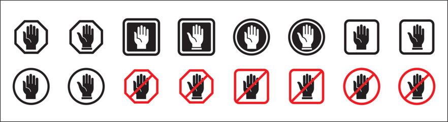 Stop hand icon. Forbidden sign collection. Hand gesture restriction symbol. No entry signs. Vector graphic design template isolated on white background. Symbol of forbidden, restricted area, banned.