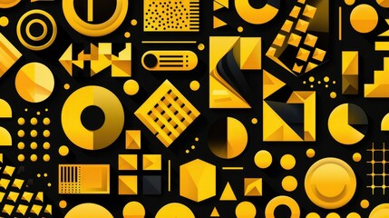 Pure isolated minimalistic full size overlay of big yellow 2D graphic-design vector geometric elements, black background, no person or character