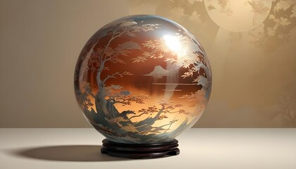 A glass sphere containing a miniature landscape with a sunset sky, trees, and mountains