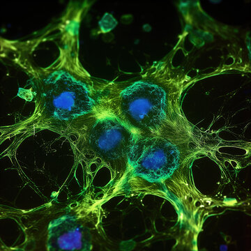 green and blue immunofluorescent staining of biological speciemen, high-resolution microscopic image displaying a vibrant green and blue network of cells. green fibers represent the cytoskeleton 