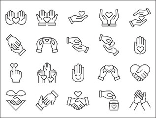 Charity and donation icon set. Aids icons. Charity hands icon. Giving hand sign. Helping hand symbol. Vector stock illustration outline style. Contains symbol of volunteer, donate, compassion, funding