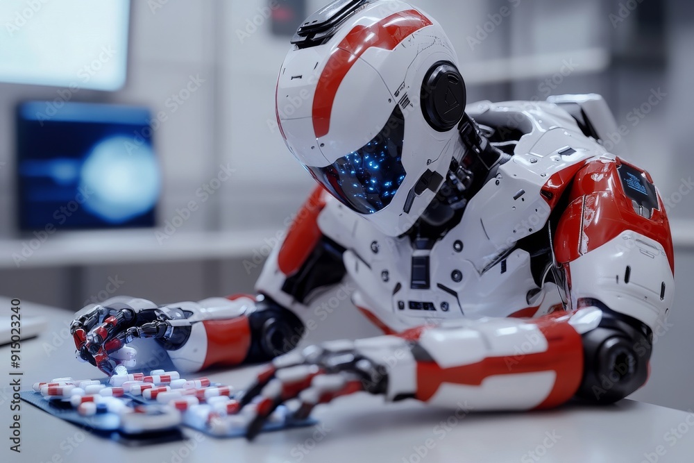 Poster humanoid robot in a high tech lab analyzing capsules symbolizing the intersection of ai and medicine