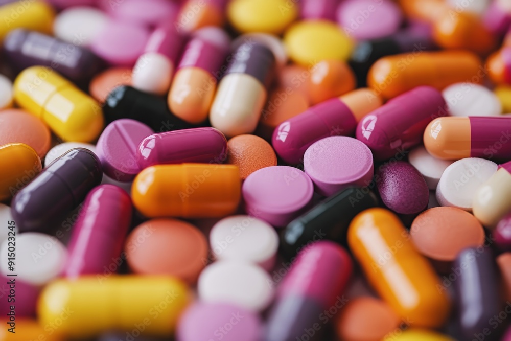 Aufkleber close up of assorted colorful capsules and tablets symbolizing the variety and complexity in pharmac