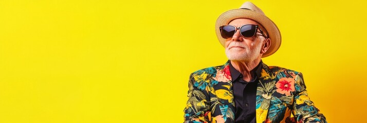 Confident Elderly Gentleman in a Vibrant Print Shirt and Orange Sunglasses Striking a Pose on a Bright Yellow Background, Exuding Style, Confidence, and Personality