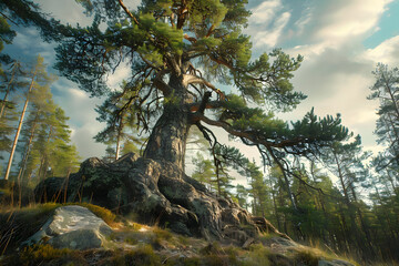 Majestic Pine Tree with Exposed Roots in a Forest Illustration